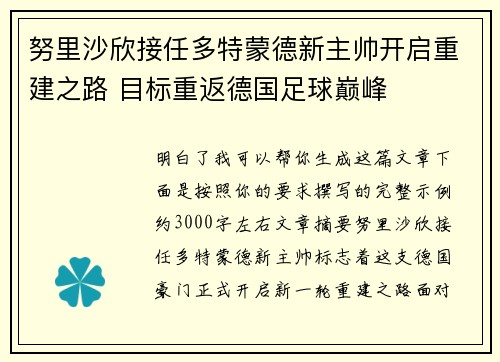 努里沙欣接任多特蒙德新主帅开启重建之路 目标重返德国足球巅峰