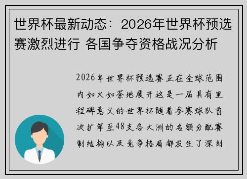 世界杯最新动态：2026年世界杯预选赛激烈进行 各国争夺资格战况分析