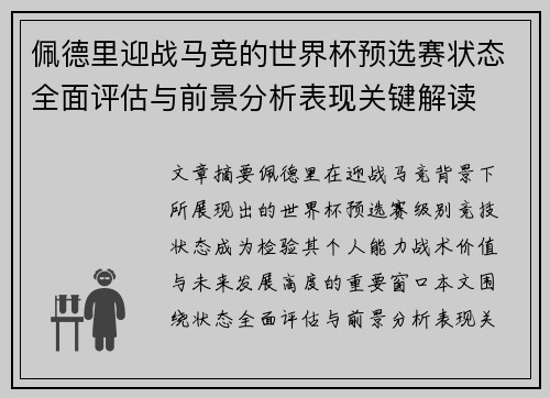 佩德里迎战马竞的世界杯预选赛状态全面评估与前景分析表现关键解读